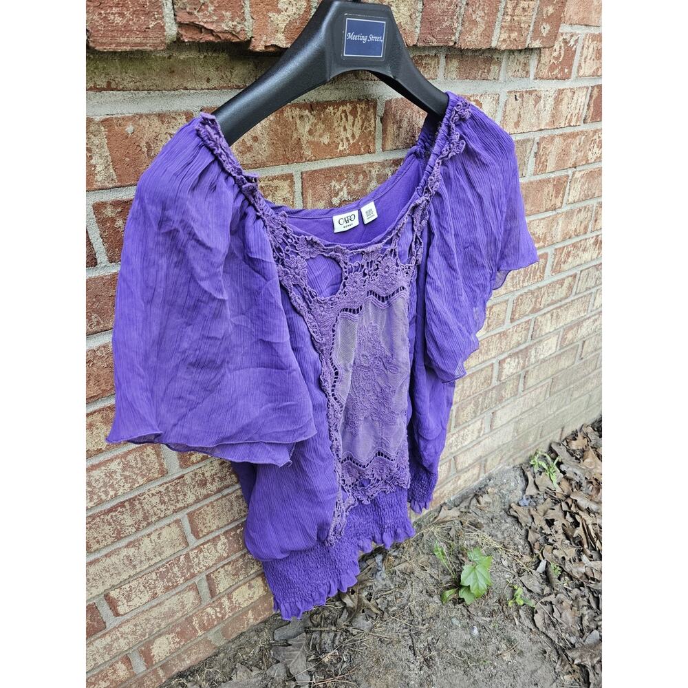 Vintage Boho Lace Peasant Blouse Smocked Purple Crochet Gauze Plus Size 18W 20W